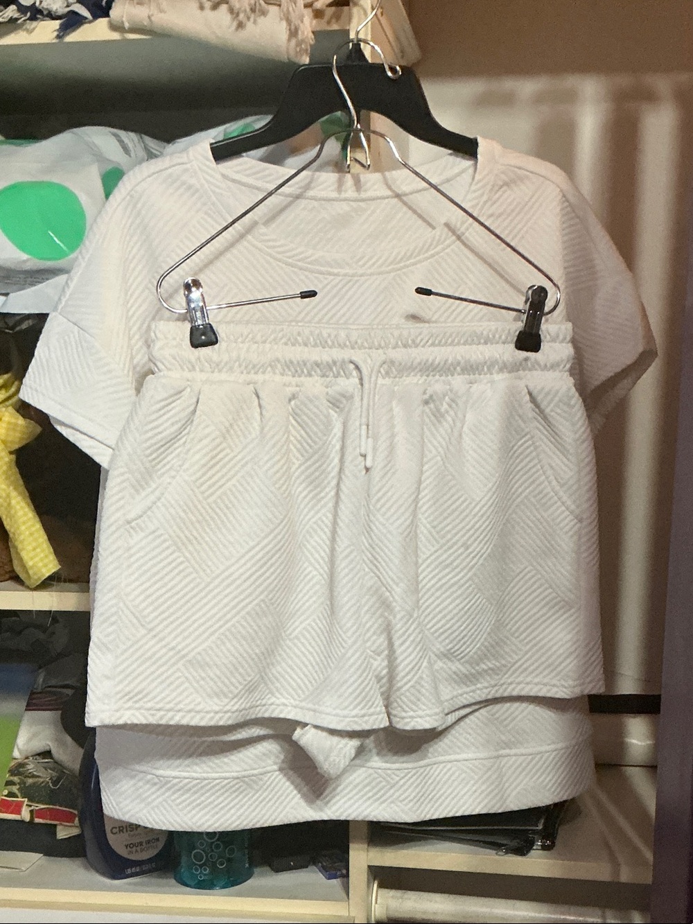White Textured Short-Sleeve Adult Top and Shorts Set